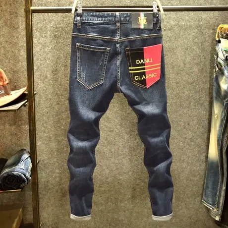 不规则后袋设计牛仔裤男修身小脚裤春季潮牌耐磨欧美休闲弹力裤子商品大图