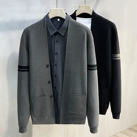 春秋外套男时尚潮流TB条纹英伦学院风V领针织开衫男休闲长袖线衣商品大图