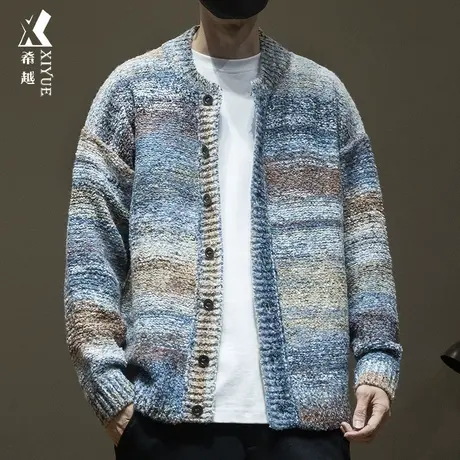 希越美式小香风油画设计感开衫毛衣男秋季宽松大码拼色水洗上衣潮商品大图