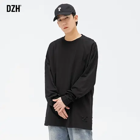 男生黑色破洞长袖t恤男纯棉极简风2023年新款宽松上衣圆领打底衫商品大图