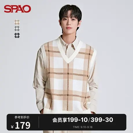 SPAO男士韩国同款秋冬新款大格纹V领针织马甲SPKVC4TC04图片
