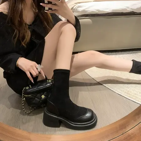 薄款短靴女2023秋冬季新款时尚百搭复古显瘦小个子粗跟加绒瘦瘦靴图片