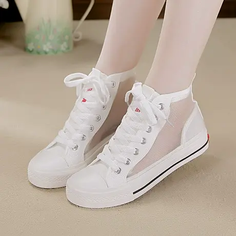 网面高帮帆布鞋女2023夏季新款透气韩版百搭网纱镂空女学生小白鞋商品大图