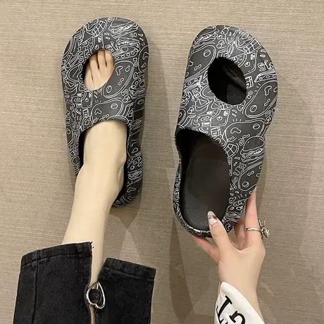 老爹洞洞鞋女夏季韩版时尚涂鸦踩屎感外穿沙滩厚底防滑包头凉拖鞋商品大图
