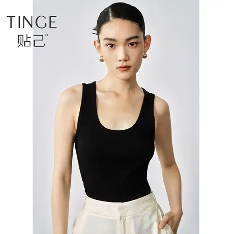 TINGE贴己黑色吊带背心女2024新款基础方领棉质修身针织外穿上衣图片