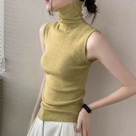 高领针织背心女2025春季翻领修身显瘦马甲内搭堆堆领无袖打底衫商品大图