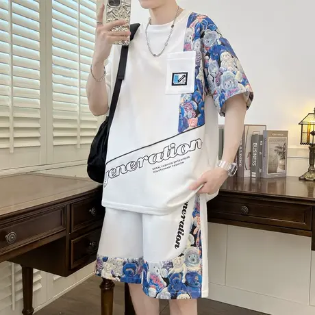 个性印花短袖套装男夏季潮牌潮流冰丝t恤男装一套搭配青少年衣服图片
