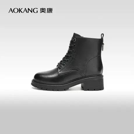 【门店发货】奥康女鞋 冬季新款圆头高跟短靴真皮百搭瘦瘦靴图片