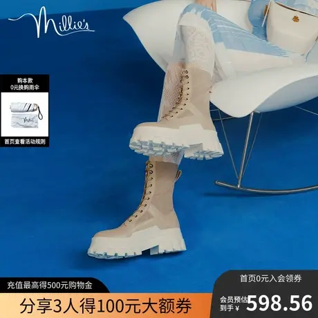 millie's妙丽冬新款老花拼接烟囱剑桥靴口马丁靴女靴82531DZ2图片