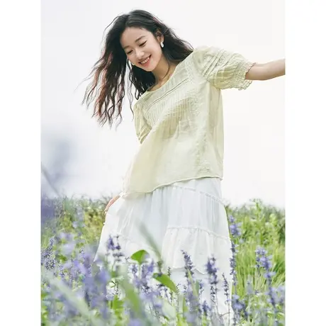 茵曼法式设计感绣花塔克褶门襟圆领衬衣2023夏女装新款泡泡袖上衣图片