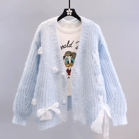 小清新系带蝴蝶结毛衣外套女2023秋冬新款日系宽松学院风针织开衫图片