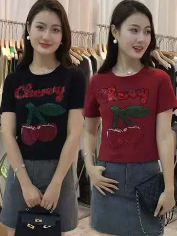 欧货重工烫钻短袖T恤女2023夏季新款设计感时尚樱桃修身短款T恤潮图片