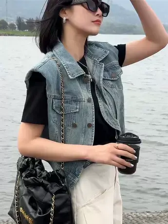 欧货新款设计感单排扣短款坎肩无袖短牛仔马甲外套女韩版女上衣潮商品大图