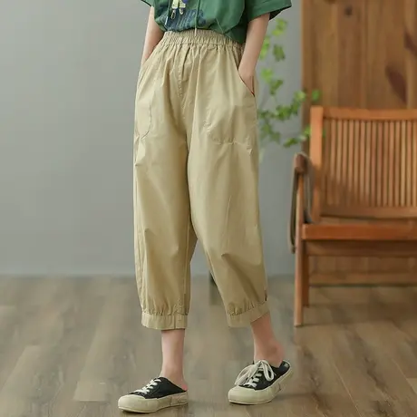 dza 高腰显瘦纯棉休闲裤女2023夏季薄款七分直筒裤宽松百搭哈伦裤商品大图