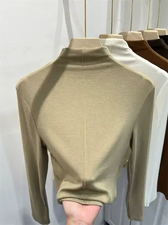 早秋装半高领羊绒针织长袖T恤女修身2023纯色拼接弹力软糯打底衫商品大图