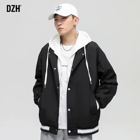 男生黑色假两件外套男春秋款潮牌加厚美式夹克上衣宽松2023年新款图片