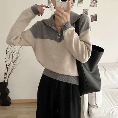 25238-浣熊绒立领拼色长袖针织衫秋冬宽松厚款内搭套头百搭休闲商品大图
