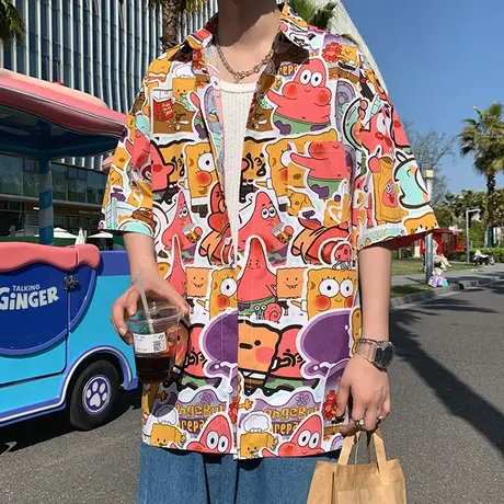 冰丝花衬衫男短袖夏季薄款卡通睡衣宽松夏威夷衬衣外套休闲上衣潮商品大图