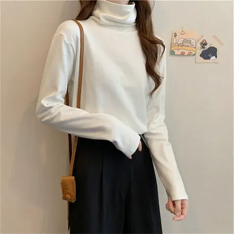 2023新款春秋冬季白色洋气德绒高领百搭加绒打底衫内搭长袖t恤女图片