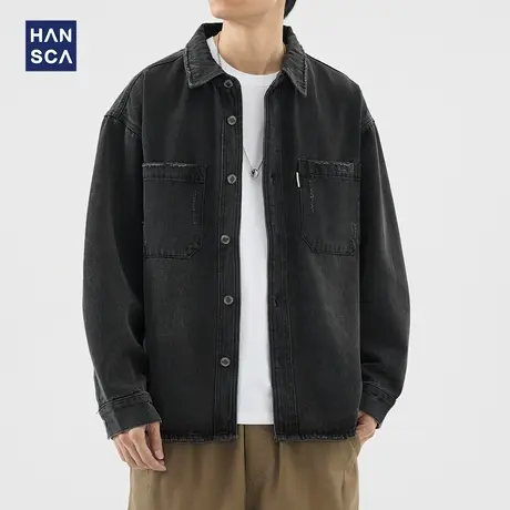 hansca破坏风黑色牛仔衬衫男2024年秋季新款美式复古宽松工装外套图片