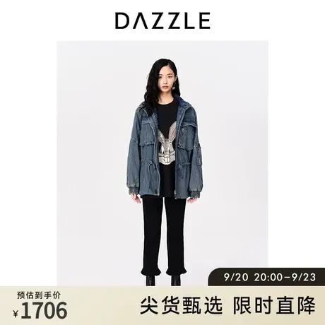 DAZZLE地素奥莱23春新款复古做旧蓝色工装休闲夹棉牛仔外套棉服图片