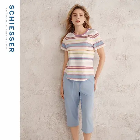 SCHIESSER舒雅25年春夏新品女士纯棉条纹印花圆领睡衣家居服套装商品大图