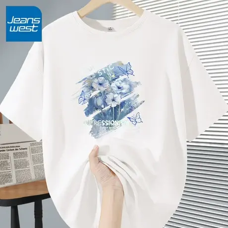 KV真维斯白色短袖t恤女2025新款 韩版纯棉独特圆领潮夏季女款上衣商品大图
