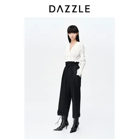 DAZZLE地素奥莱23春装新款黑色通勤条纹精纺直筒阔腿裤休闲八分裤图片