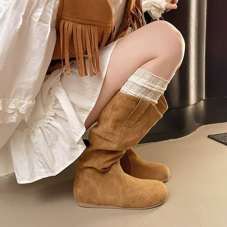 时尚百搭堆堆靴女2025年新款秋季百搭配裙子长筒靴气质平底骑士靴商品大图