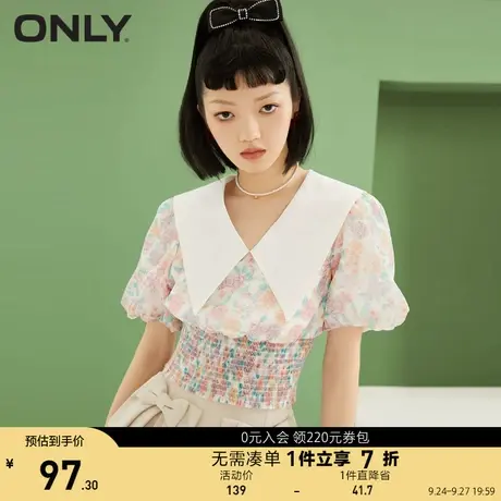 ONLY奥莱夏季时尚娃娃领泡泡袖收腰碎花短雪纺衫女商品大图
