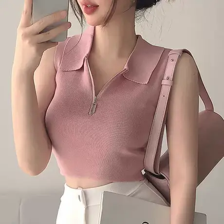 OnoevYM056粉粉嫩嫩~女人味拉链翻领露腰针织无袖T恤me商品大图