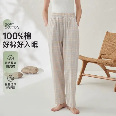 顶瓜瓜女士格纹睡裤100%棉夏季薄款家居裤子可外穿宽松休闲裤单件商品大图