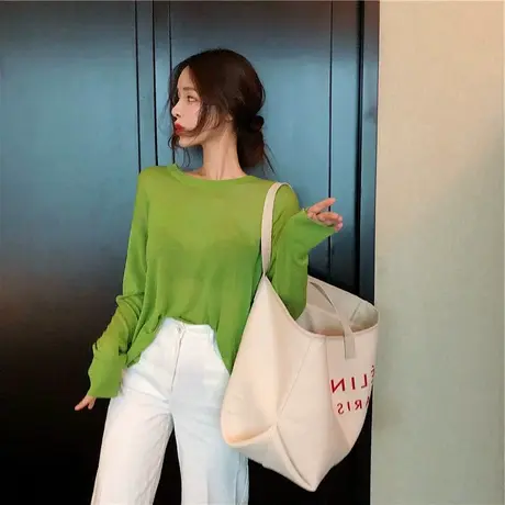韩版宽松圆领小心机开叉微透薄款针织衫女长袖芥末绿抹茶绿打底衫图片