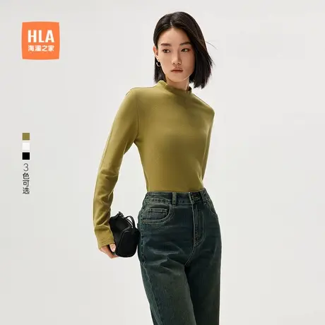HLA/海澜之家长袖微弹直筒T恤秋季新款黑色半高领保暖打底衫女装商品大图