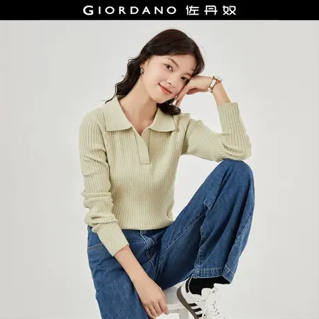 佐丹奴针织衫女装翻领V字半开襟毛织坑条修身针织衫 18353909商品大图
