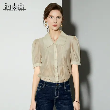 海青蓝气质小个子短袖衬衫2024夏季新款轻薄衬衣女泡泡袖法式上衣商品大图