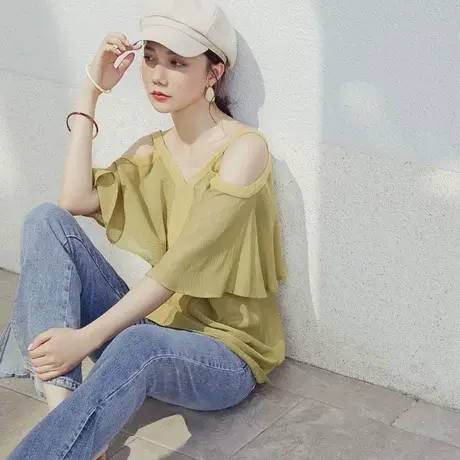 桔熊夏季度假风吊带露肩飘逸荷叶五分袖上衣女装胖mm大码AB13437图片