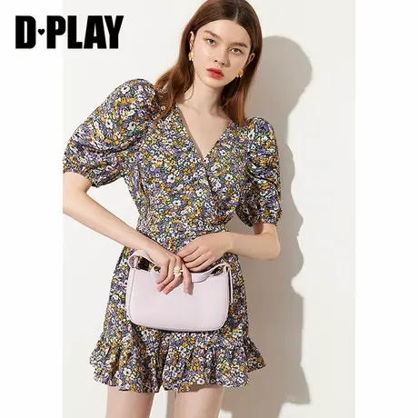 DPLAY德帕拉夏季紫色碎花泡泡袖轻熟风复古气质收腰连体裤商品大图