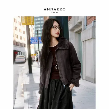 玖姿安娜蔻100%羊毛内里下摆抽绳仿麂皮外套女2025冬季新款图片