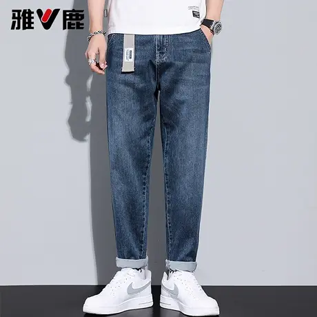 雅鹿2026早春新款薄款棉弹深蓝色牛仔裤男水洗磨白潮牌显瘦休闲裤图片