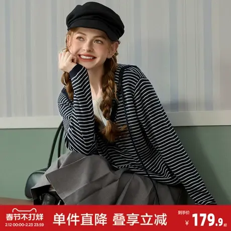 唐狮2026春季新款毛衣女假两件宽松毛线衫条纹上衣圆领慵懒超好看图片