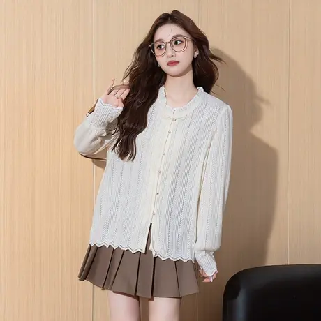 唐狮女长袖衬衫圆领木耳边绑绳肌理简约气质优雅百搭温柔女上新tu图片