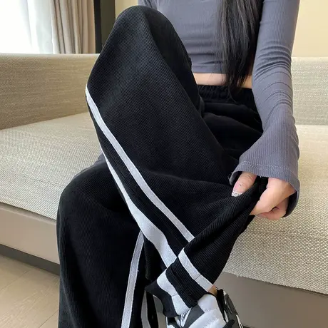 黑色灯芯绒阔腿裤女秋冬新款运动休闲直筒垂感拖地雪尼尔条绒裤子商品大图