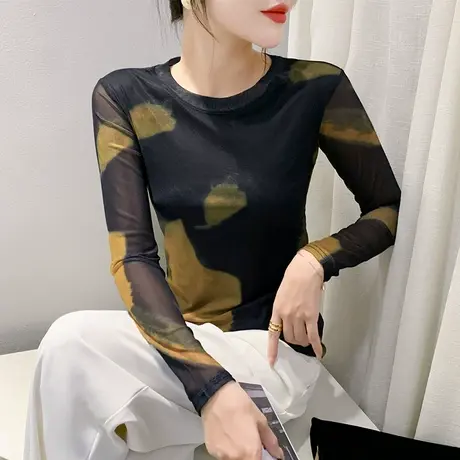 性感网纱圆领T恤女长袖个性扎染印花上衣洋气修身减龄收腰打底衫商品大图