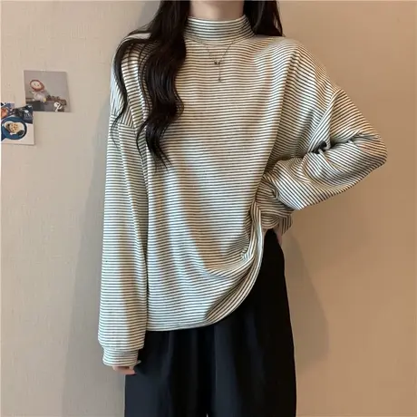 加厚磨毛长袖T恤女2023秋冬季新款宽松显瘦德绒保暖半高领上衣潮商品大图