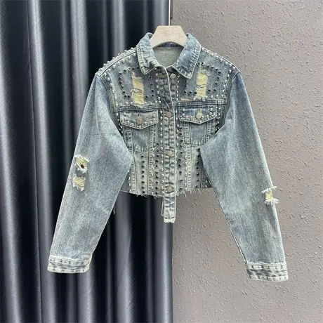 欧货上衣2023秋季新款不规则重工铆钉设计感时尚百搭牛仔外套女图片