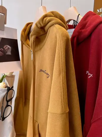 磨毛加绒加厚字母刺绣慵懒风宽松连帽卫衣开衫长袖外套女秋冬上衣图片