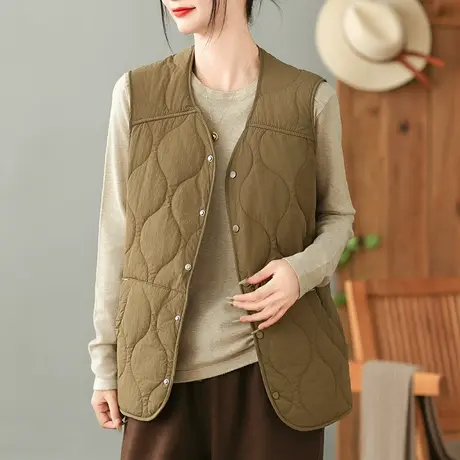 dza 复古宽松V领工字马甲女秋冬内搭叠穿上衣休闲单排扣马夹坎肩商品大图