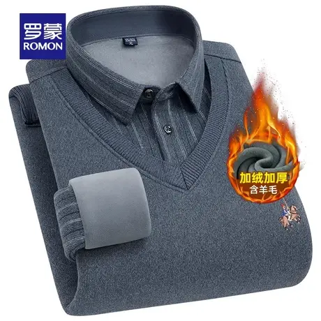 【含羊毛】罗蒙男士加绒针织衫2023秋冬时尚加厚假两件衬衫领毛衣商品大图