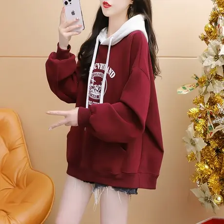 加绒加厚连帽卫衣外套女2023新款秋冬宽松慵懒风百搭oversize上衣商品大图